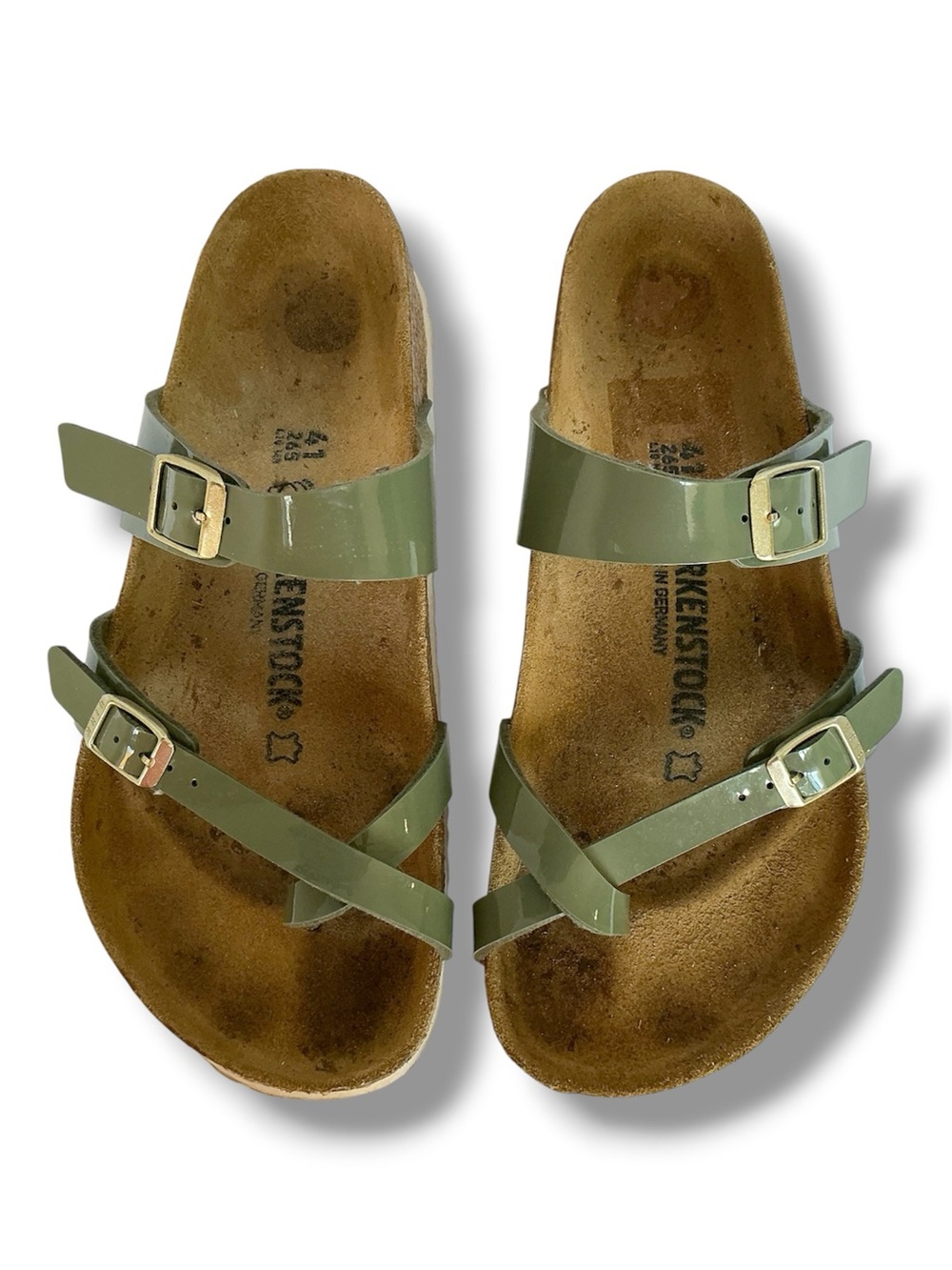 Birkenstock Mayari Birko-Flor Patent Thong Sandals in Khaki EU 41/ US 10